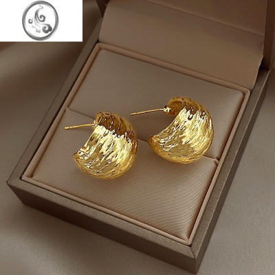JiMi金属褶皱耳环女小众设计感个性金色耳钉2023年新款潮气质简约耳饰