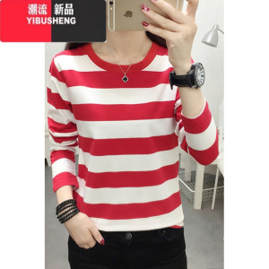 YIBUSHENG2023春秋外穿长袖t恤女宽松大码秋衣打底衫中年妈妈初秋条纹上衣