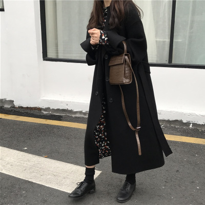 FISHBASKET反季双排扣双面绒大衣女中长款过膝宽松薄毛呢外套赫本风毛呢外套
