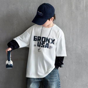 男童假两件套打底衫2026新款中大童春装内搭纯棉T儿童开春长袖T恤