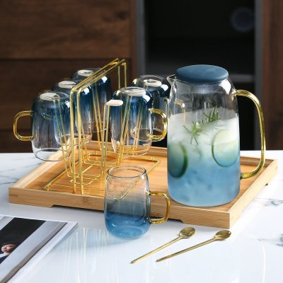 家用轻奢玻璃水杯套装客厅北欧烘焙精灵简约水壶水具茶杯茶具喝水杯子套杯云石蓝一壶六杯一托盘+金杯架