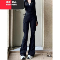 YIBUSHENG美式复古黑色微喇叭工装裤女季薄款修身显瘦冰丝速干休闲长裤子