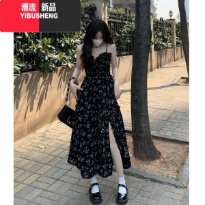 YIBUSHENG大码纯欲辣妹碎花连衣裙女季高级感开叉裙子胖mm遮肚显瘦吊带裙