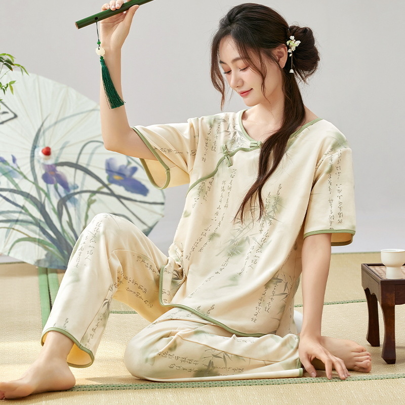 睡衣女士夏季棉质可爱卡通短袖长裤中式古风休闲可外穿家居服套装