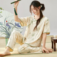 睡衣女士夏季棉质可爱卡通短袖长裤中式古风休闲可外穿家居服套装