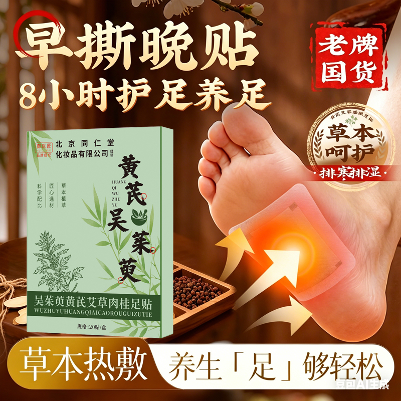 同仁堂老牌国货黄芪艾草足贴改善湿气睡眠差吴茱萸肉桂脚底贴通用