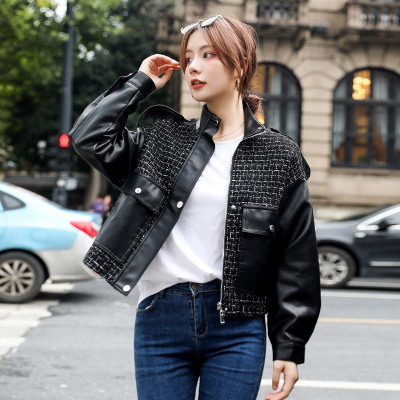 bleue|机车皮衣女2021秋季新款气质翻领格纹百搭撞色简约女士外套