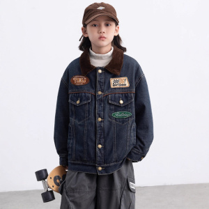 男童秋冬款牛仔外套加厚新款儿童翻领男孩冬季夹克中大童冬装