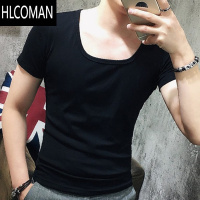 HLCOMAN男士大圆领低领短袖t恤 黑白色紧身弹力打底衫性感半袖男上衣