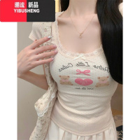 YIBUSHENG多巴胺可爱印花短袖T恤女季蕾丝花边u领甜辣妹性感修身紧身上衣