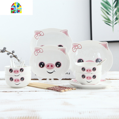 碗碟套装碗盘餐具4人组合家用简约可爱卡通韩式陶瓷盘子碗筷 FENGHOU 16件套熊猫-圆盘(四盘) 16件