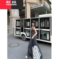 YIBUSHENG优黛甜心~灰色简约吊带长裙女季纯欲方领收腰背心连衣裙