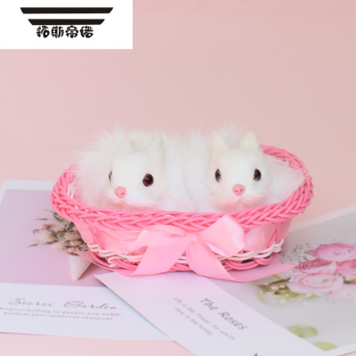 拓斯帝诺会叫仿真小猫咪毛绒玩具仿真狗仿真兔筐子小猫仿真动物模型玩偶不叫-带筐情侣兔仿真动物玩偶