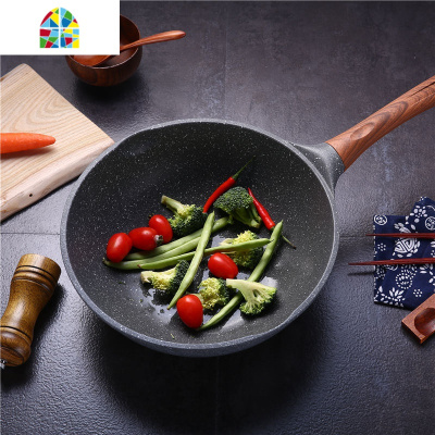 韩国不粘锅炒锅无油烟不沾锅燃气电磁炉家用锅具 FENGHOU 30加深木纹款带盖子