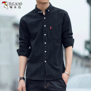 啄木鸟春季条纹磨毛棉衬衣男士上衣长袖衬衫大码休闲男装外套衣服