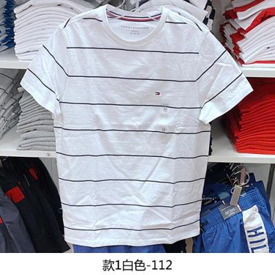 珂卡慕(KEKAMU)汤米美国男士纯棉细条纹休闲百搭圆领短袖T恤白色款1XS（代购）