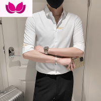 七斓高级感雅痞休闲潮牌衬衫五分袖2023新款夏季设计感修身潮流衬衣男