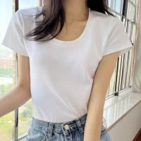 含棉 白色纯色T恤女短袖短款新款夏季显瘦修身U领叠穿打底上衣潮
