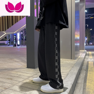 七斓美式高街vibe棋盘格牛仔裤男款潮牌痞帅春季宽松直筒阔腿裤子复古