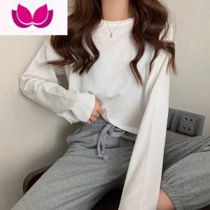 七斓简约百搭纯色长袖T恤女2023打底衫ins潮韩版露脐短款学生上衣