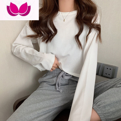 七斓简约百搭纯色长袖T恤女2023打底衫ins潮韩版露脐短款学生上衣