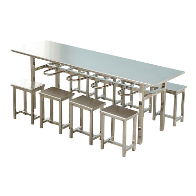 锦北 不锈钢食堂餐桌员工连体快餐桌椅组合饭堂长方形餐桌八人挂凳含凳