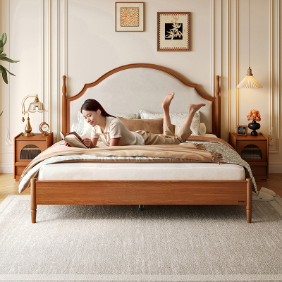 全友家居板式床中古风小户型主卧室家具复古实木床脚软包双人大床
