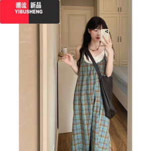 YIBUSHENG泡椒麻子慵懒风彩色格子韩系复古休闲度假百搭吊带无袖中长连衣裙