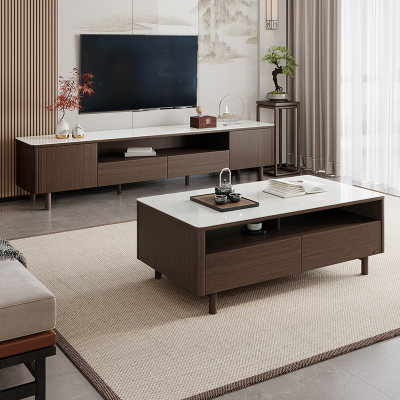 全友家居新中式半开放式边桌茶几电视柜轻奢钢化玻璃实木脚客厅家具茶几电视柜组合