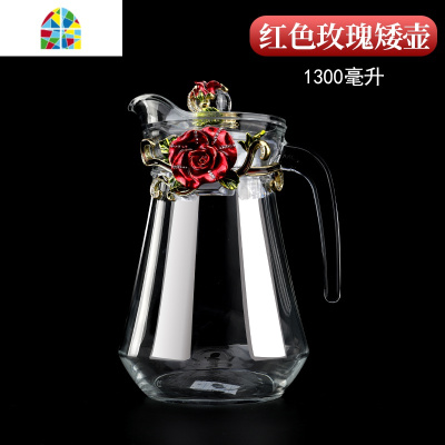 欧式珐琅彩水杯花茶杯凉水壶套装耐热水晶玻璃杯女结婚礼盒装 FENGHOU 红色玫瑰—矮款(1壶4杯)