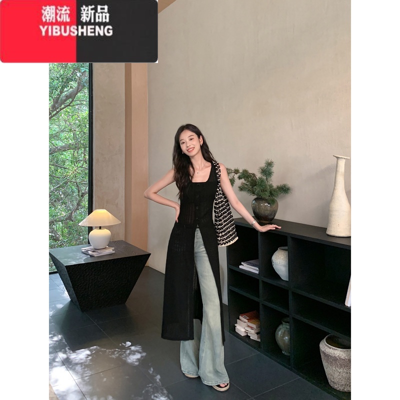 YIBUSHENG 度假风镂空针织连衣裙女2024季新款叠穿无袖背心裙长裙
