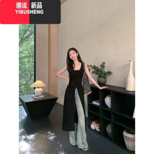 YIBUSHENG 度假风镂空针织连衣裙女2024季新款叠穿无袖背心裙长裙