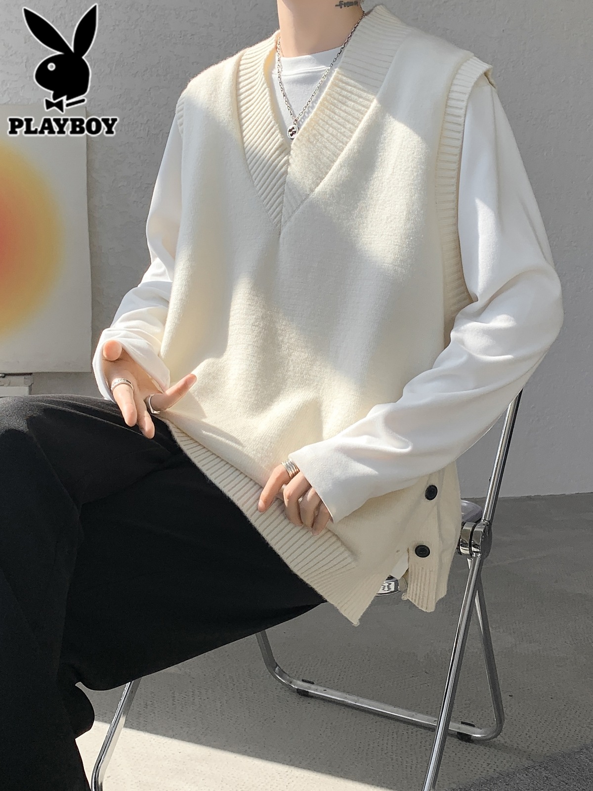 花花公子v领毛衣背心男士秋冬季潮牌青少年学院风内搭针织衫马甲