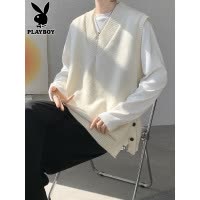 花花公子v领毛衣背心男士秋冬季潮牌青少年学院风内搭针织衫马甲