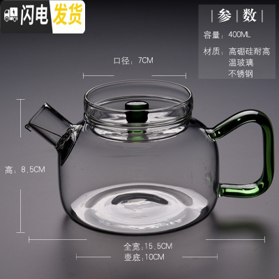 三维工匠 玻璃茶壶耐热高温功夫茶具小号过滤日式加厚保温泡茶壶家用 玻璃小壶H21绿大号:400