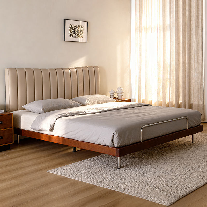 实木床超薄床钢琴键包豪斯高脚床双人床主卧床卧室床婚床皮艺软包床