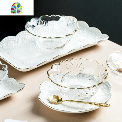 日式金边水晶玻璃碗 燕窝碗碟糖水碗银耳汤碗盅雪糕沙拉碗甜品碗 FENGHOU 金边A款+玻璃盘送勺