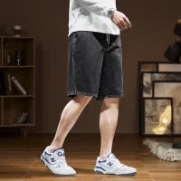 [8.5折价50.9元叠加优惠券]唐狮夏季新款黑色直筒牛仔短裤男韩版潮牌美式高街in五分