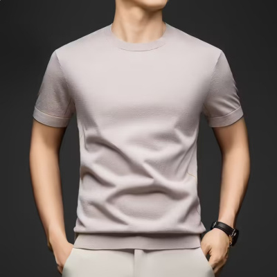 夏季新款男士透气休闲纯色商务轻奢舒适简约时尚翻领短袖T恤