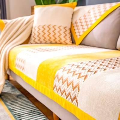 家柏饰(CORATED)北欧四季通用沙发垫防滑简约全包萬能沙发套罩布艺沙发巾沙发盖布 波浪黄 45*45cm抱枕套