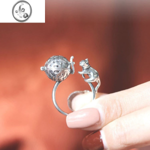 JiMi复古风做旧s925银镂空香薰球猫咪香囊开口戒指环女香丸可打开扩香 猫咪香囊开口戒指