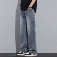 春夏款男士牛仔裤复古做旧直筒宽松青年休闲裤松紧腰百搭新款长裤