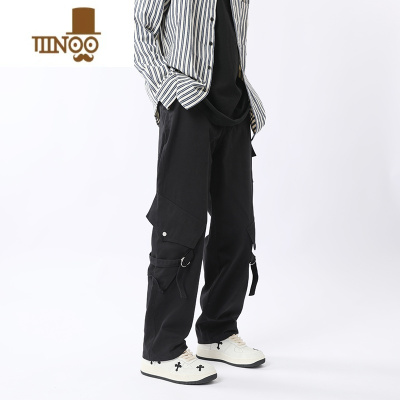 YANXU秋季秋装黑色工装裤男潮牌直筒宽松多口袋机车风休闲裤绑带长裤子