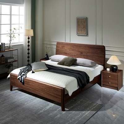 青木川 简约现代中式胡桃木全实木床1.8米双人床1.5米两米单人床大板直拼主卧室房间小户型家用休闲成人结婚榫卯床架床铺