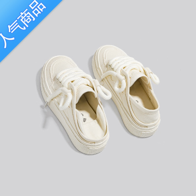 SUNTEK2023夏季新款休闲透气两穿小白鞋女一脚蹬懒人鞋踩脚半拖帆布鞋女