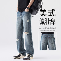 2025新款破洞牛仔裤男春季时髦高街时尚小众设计直筒百搭青年裤子