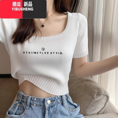 YIBUSHENG白色方领正肩短袖t恤女装2024季新款辣妹短款小上衣冰丝针织衫