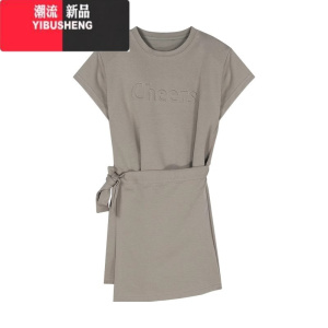 YIBUSHENG巧克少女~立体字母印花短袖T恤裙女季收腰显瘦连衣裙休闲短裙子