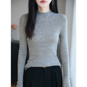 精纺羊毛花纱半高领针织衫 修身显瘦法式复古毛衣女秋冬新款