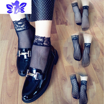 Ideamini4双装渔网袜短袜黑色蕾丝花边小网眼性感镂空丝袜子女士短款网袜